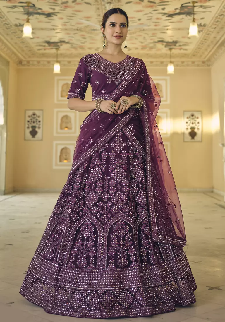 Wine Dori Embroidered with mirror work net semi stitched wedding lehenga