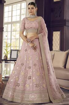 Pink zarkan, zari, gota and thread embroidered organza semi stitched lehenga