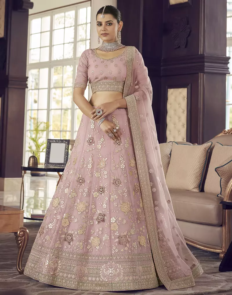 Pink zarkan, zari, gota and thread embroidered organza semi stitched lehenga