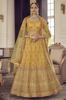 Yellow Zarkan, gota and thread embroidered organza semi stitched lehenga