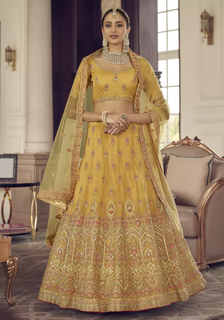 Yellow Zarkan, gota and thread embroidered organza semi stitched lehenga