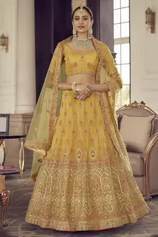 Yellow Zarkan, gota and thread embroidered organza semi stitched lehenga