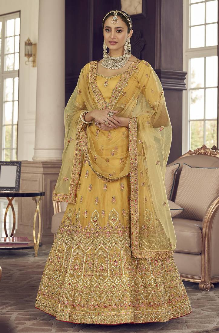 Yellow Zarkan, gota and thread embroidered organza Semi Stitched Lehenga