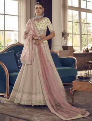 White Zarkan And Thread Embroidered Art Silk Semi Stitched Lehenga 1