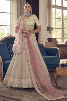 White Zarkan And Thread Embroidered Art Silk Semi Stitched Lehenga