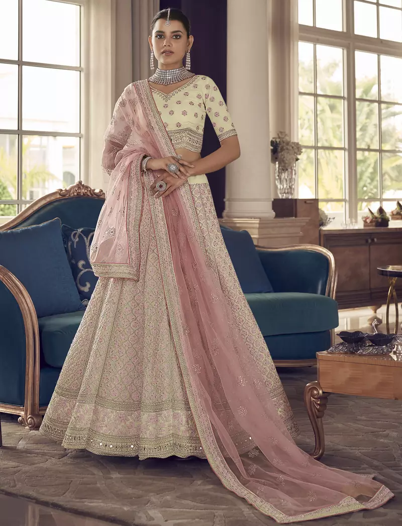 White zarkan and thread embroidered art Silk Semi Stitched Lehenga