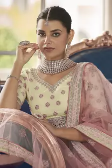 White Zarkan And Thread Embroidered Art Silk Semi Stitched Lehenga