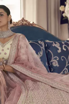 White Zarkan And Thread Embroidered Art Silk Semi Stitched Lehenga