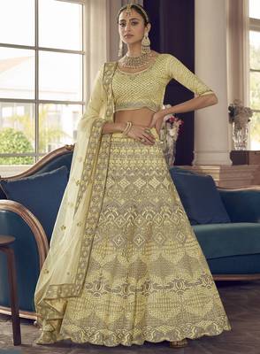 Yuma Lime Yellow zarkan, zari and thread embroidered crepe-Silk Semi Stitched Lehenga 1