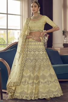 Yuma Lime Yellow zarkan, zari and thread embroidered crepe-silk semi stitched lehenga