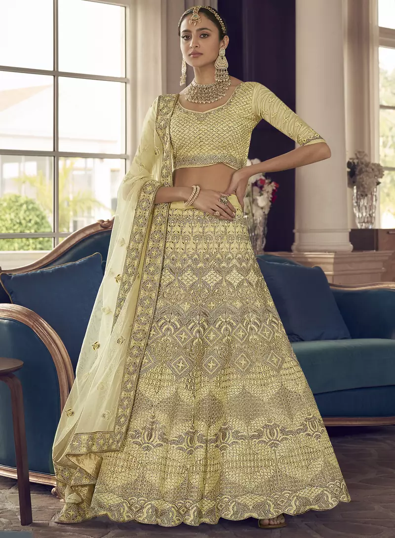 Yuma Lime Yellow zarkan, zari and thread embroidered crepe-silk semi stitched lehenga