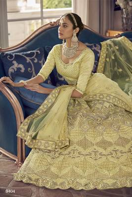 Yuma Lime Yellow zarkan, zari and thread embroidered crepe-Silk Semi Stitched Lehenga 2
