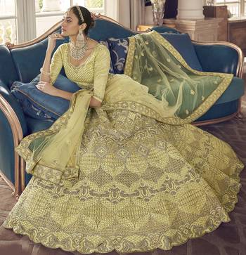 Yuma Lime Yellow zarkan, zari and thread embroidered crepe-Silk Semi Stitched Lehenga 3