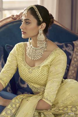 Yuma Lime Yellow zarkan, zari and thread embroidered crepe-Silk Semi Stitched Lehenga 4