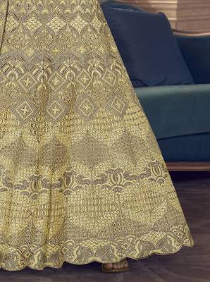 Yuma Lime Yellow zarkan, zari and thread embroidered crepe-Silk Semi Stitched Lehenga 5