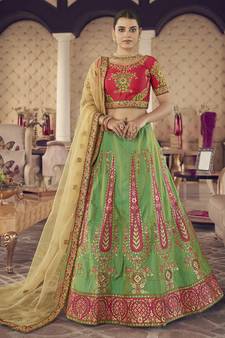 Green hand work, zari and thread embroidered jacquard lehenga