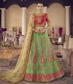 Green hand work, zari and thread embroidered jacquard Lehenga