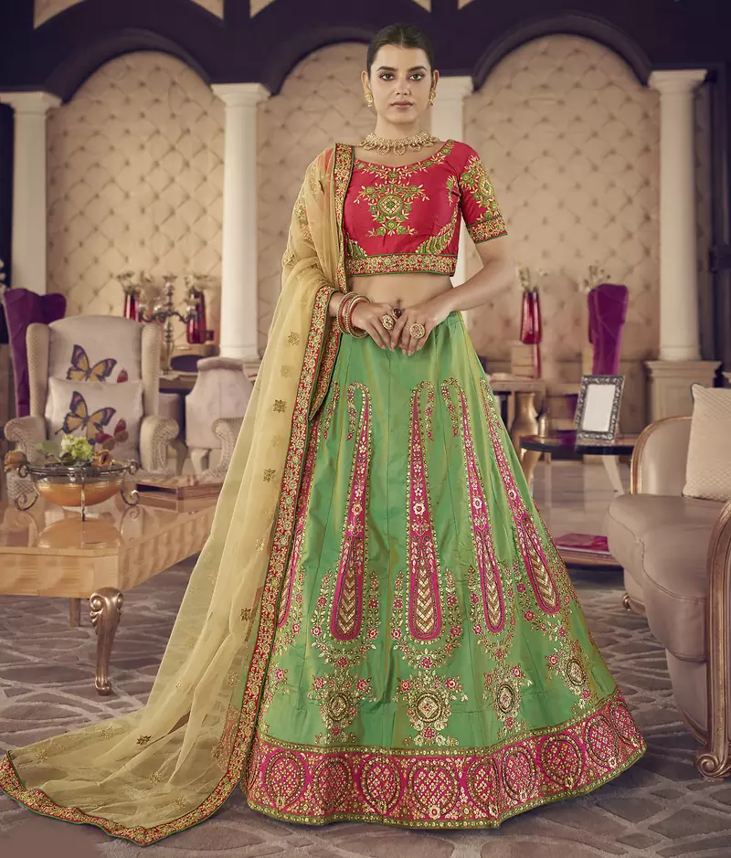Green hand work, zari and thread embroidered jacquard lehenga