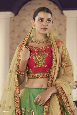 Green hand work, zari and thread embroidered jacquard Lehenga 2