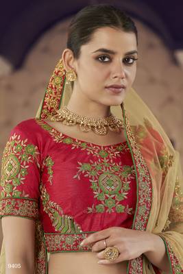 Green hand work, zari and thread embroidered jacquard Lehenga 3