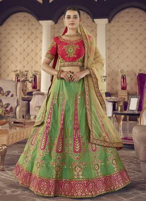 Green hand work, zari and thread embroidered jacquard Lehenga 4
