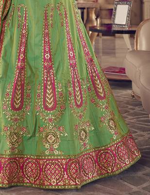 Green hand work, zari and thread embroidered jacquard Lehenga 5