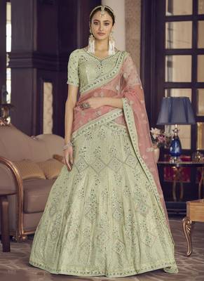 Pista green zarkan, sequins and thread embroidered crepe-Silk Semi Stitched Lehenga 1