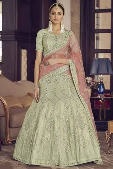 Pista green zarkan, sequins and thread embroidered crepe-silk semi stitched lehenga