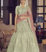 Pista green zarkan, sequins and thread embroidered crepe-Silk Semi Stitched Lehenga