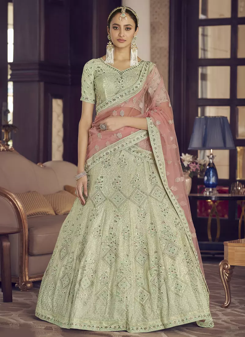 Pista green zarkan, sequins and thread embroidered crepe-silk semi stitched lehenga