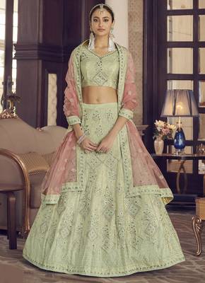 Pista green zarkan, sequins and thread embroidered crepe-Silk Semi Stitched Lehenga 2