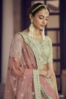 Pista green zarkan, sequins and thread embroidered crepe-Silk Semi Stitched Lehenga 3