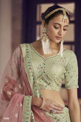 Pista green zarkan, sequins and thread embroidered crepe-Silk Semi Stitched Lehenga 4