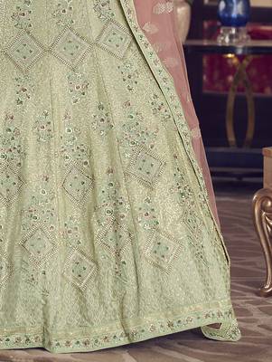 Pista green zarkan, sequins and thread embroidered crepe-Silk Semi Stitched Lehenga 5