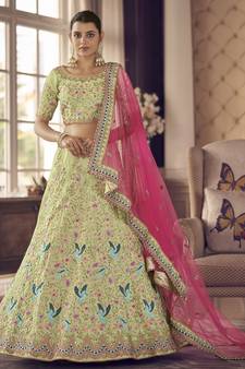 Pista-green zari and thread embroidered art silk semi stitched lehenga