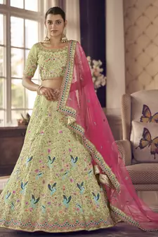 Pista-green zari and thread embroidered art silk semi stitched lehenga