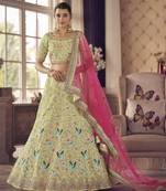 Pista-green zari and thread embroidered art Silk Semi Stitched Lehenga