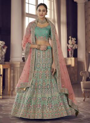 turquoise Green zarkan, gota and thread embroidered organza semi stitched lehenga 1