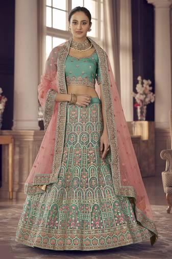 turquoise Green zarkan, gota and thread embroidered organza semi stitched lehenga