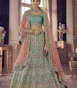 turquoise Green zarkan, gota and thread embroidered organza semi stitched lehenga