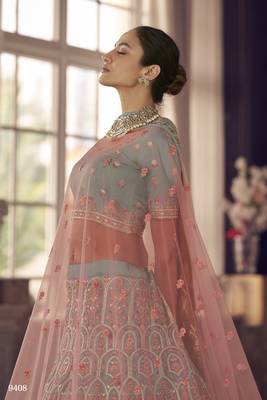 turquoise Green zarkan, gota and thread embroidered organza semi stitched lehenga 2