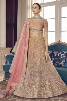 Peach zarkan, zari and thread embroidered organza semi stitched lehenga