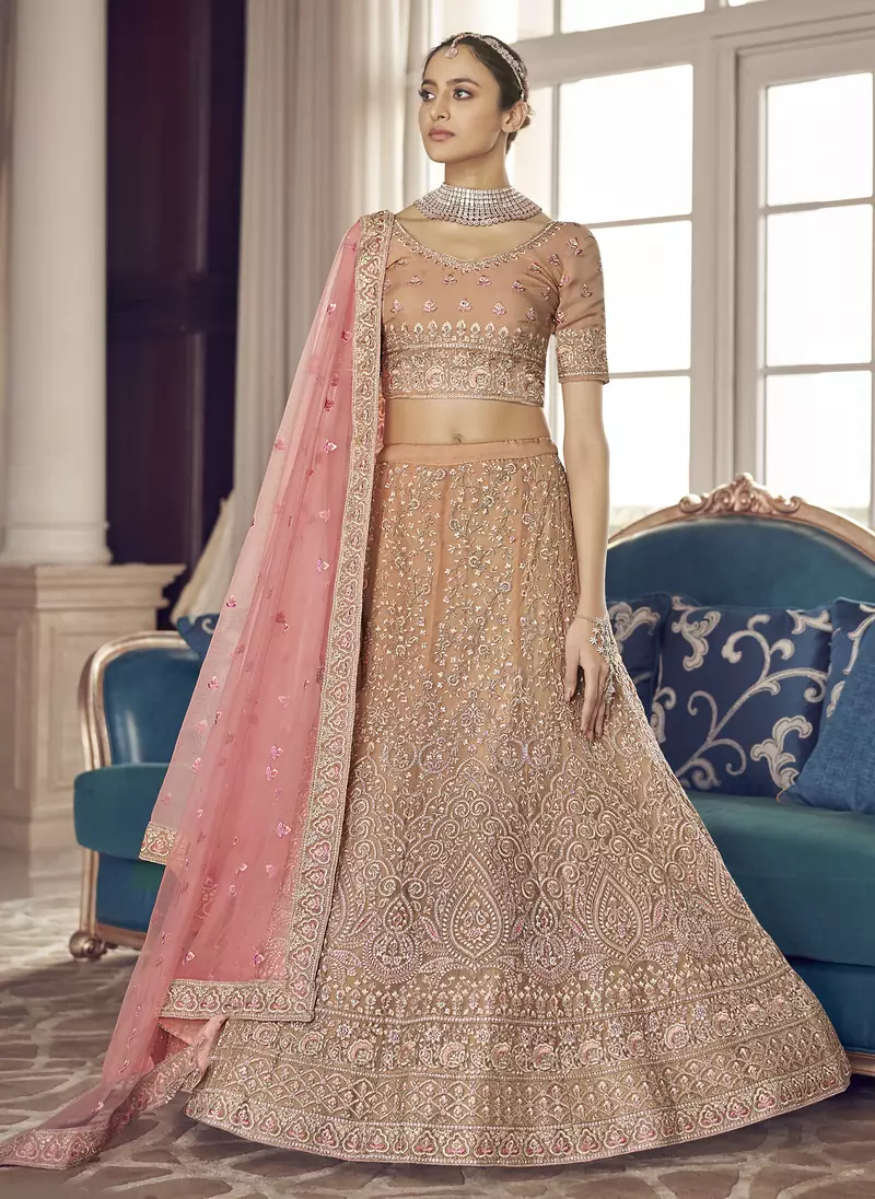 Peach zarkan, zari and thread embroidered organza semi stitched lehenga