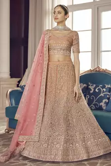 Peach zarkan, zari and thread embroidered organza semi stitched lehenga