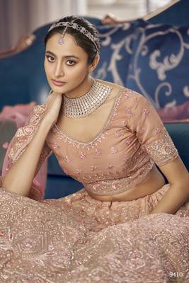 Peach zarkan, zari and thread embroidered organza Semi Stitched Lehenga 3