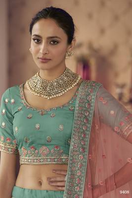 turquoise Green zarkan, gota and thread embroidered organza semi stitched lehenga 3