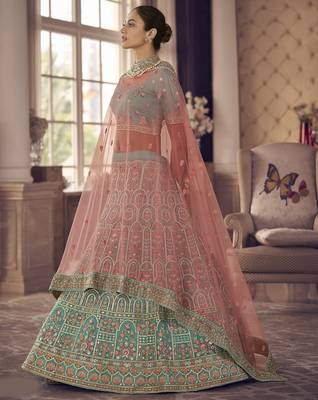 turquoise Green zarkan, gota and thread embroidered organza semi stitched lehenga 4
