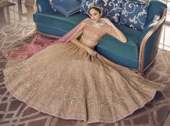 Peach zarkan, zari and thread embroidered organza Semi Stitched Lehenga 4