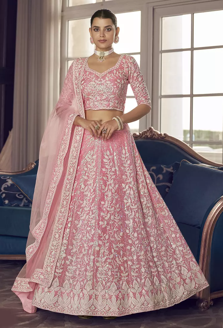 Pink sequins and thread embroidered organza semi stitched lehenga