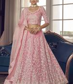 Pink sequins and thread embroidered organza Semi Stitched Lehenga